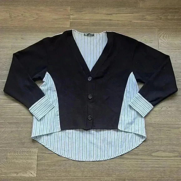 Zara  | Mixed media poplin stripe and black cardigan - Picture 2 of 9